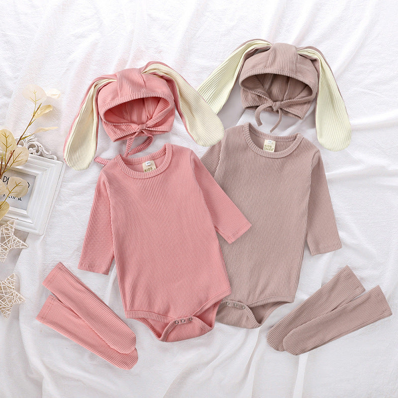 Baby Bunny Ears Romper Set - 3-Piece Long Sleeve Outfit with Hat & Pants