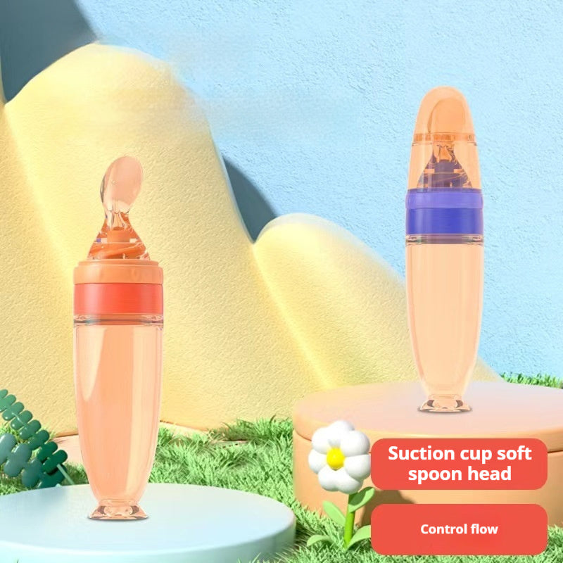 Baby Silicone Feeding Spoon Bottle - Nano Silver Rice Paste Dispenser with Suction Base