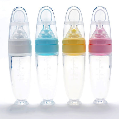 Baby Silicone Feeding Spoon Bottle - Nano Silver Rice Paste Dispenser with Suction Base