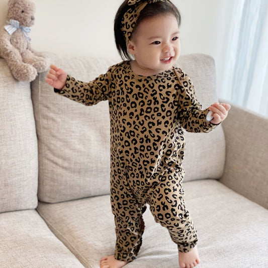 Baby Leopard Print Cotton Jumpsuit - Long Sleeve Romper with Snap Closure